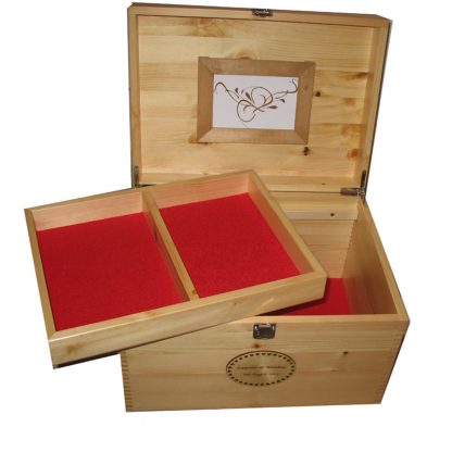 Natural Pine Colour Memory Box with Compartment tray and frame red felt