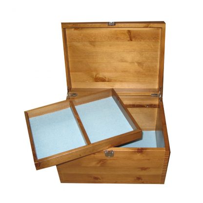 Xl Rustic Pine Storage Box with Compartment Tray and Pale Blue Felt