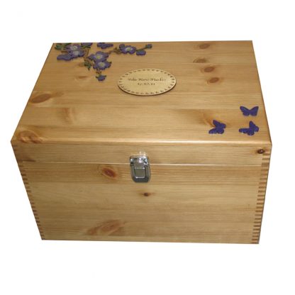 Rustic Pine XL Keepsake Storage Box with Royal Blue Flowers and butterflies for memories