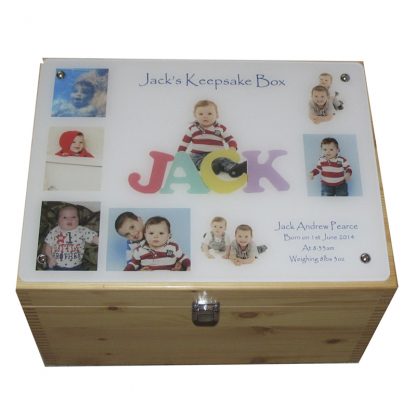 Collage of a child on acrylic on the lid of our natural pine XL box