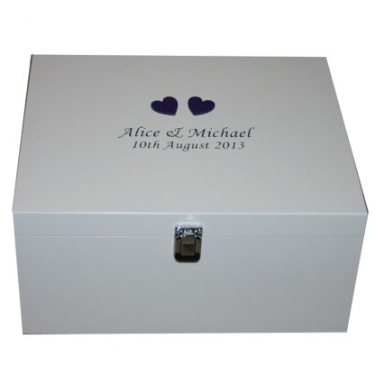 Wedding Keepsake Box with purple hearts silver lettering