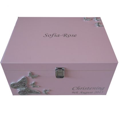 Pink Christening Box with silver butterflies Personalised