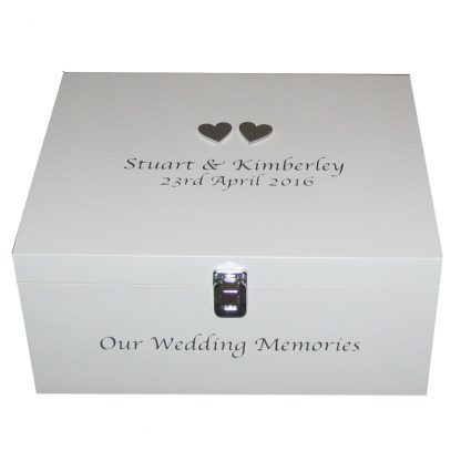 White Wedding Keepsake Box with silver hearts and lettering