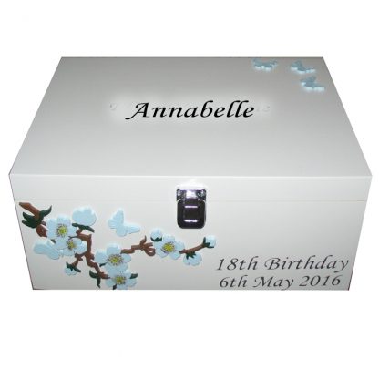 White Keepsake Box with Pale Blue Flowers and Butterflies