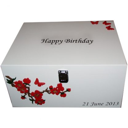 White box with Red Flowers and butterflies silver clasp silver lettering