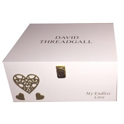 Ivory Memory Box with Gold Fretwork Hearts with Gold Lettering