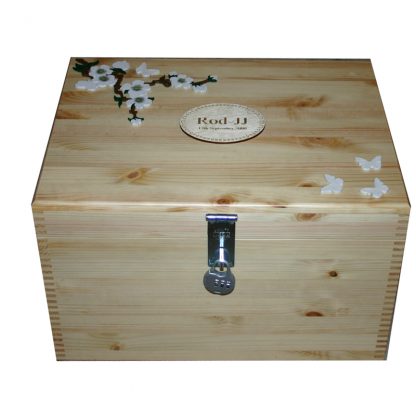 Natural XL Keepsake Boxes with white flowers and butterflies personalised on engraved nameplate