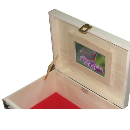 Open box with frame on the inside lid and red felt