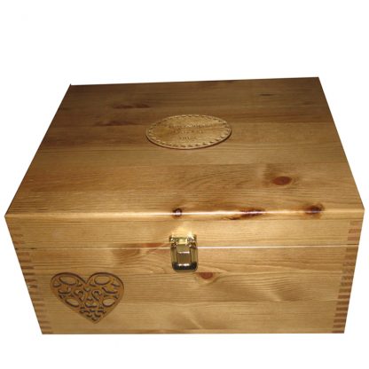 Rustic Pine Keepsake Box with Fretwork Heart and brass tone clasp