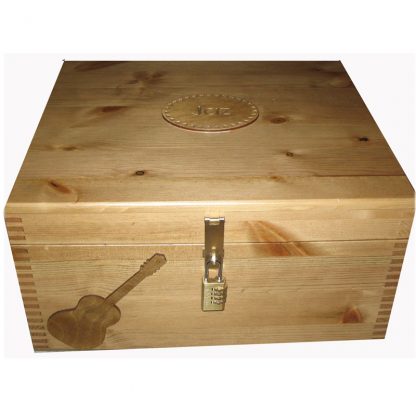Rustic Pine Natural Wood Lacquered Keepsake Box with Guitar and Lock