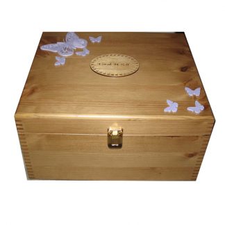 Rustic Pine Large Personalised Keepsake or memory Box with lilac butterflies and clasp