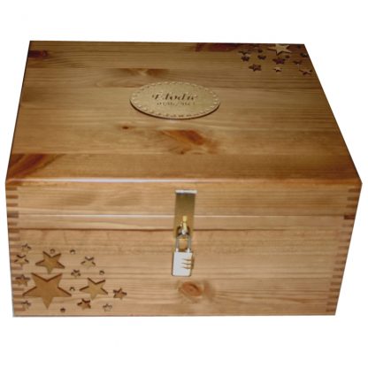 Rustic Lacquered Pine Memory Box with stars Lockable