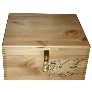 Natural (Lighter colour) Pine Keepsake Box with Welsh Dragon lockable