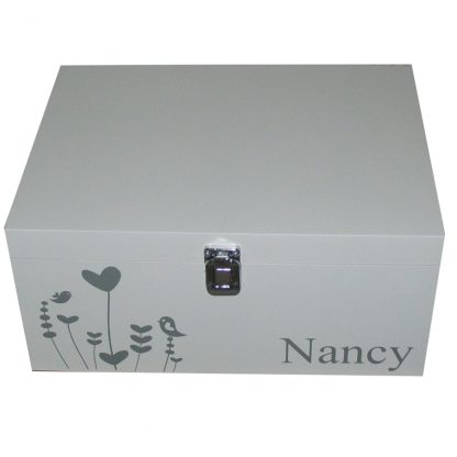 White Baby Box with Grey Whimsical Design Silver Clasp