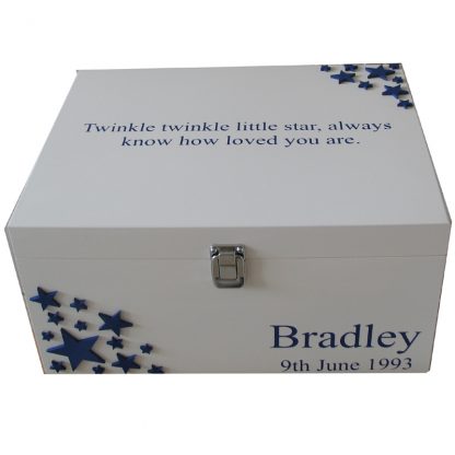 White Boys Christening Box with royal blue stars and Twinkle Twinkle little star