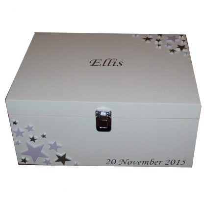 White Naming Day Memory Box with lavender and silver stars