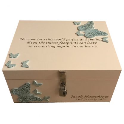 Ivory Bereavement Memory Box Blue Butterflies with lock