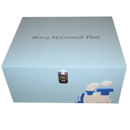 Blue Baby Memory Box iwth train with nane on the lid