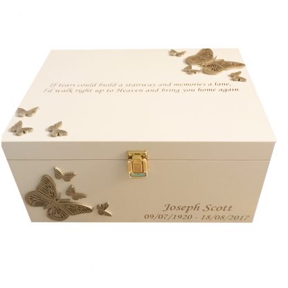 Ivory Wooden Bereavement Memory Box Double Butterflies in gold