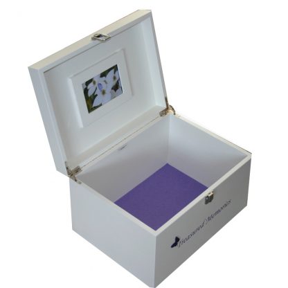 Open XL White Keepsake Box with wooden frame and lavender felt on the inside base