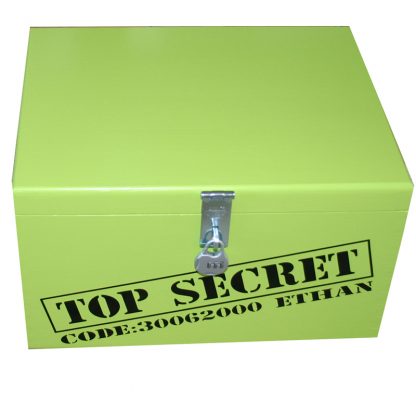 Lime Green XL Painted Top Secret Keepsake Box for boys with lock, personalised on banner