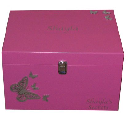 Baby Keepsake or Memory Box in Magenta Pink with silver butterflies