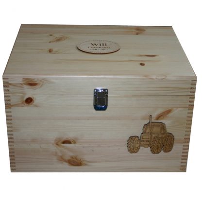 Natural Pine XL Keepsake Box or small toy box with tractor