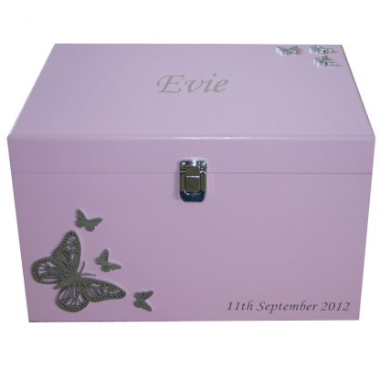 Pale Pink Baby Keepsake Box with silver butterflies XL