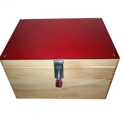 Red Acrylic lid on Pine storage box lockable