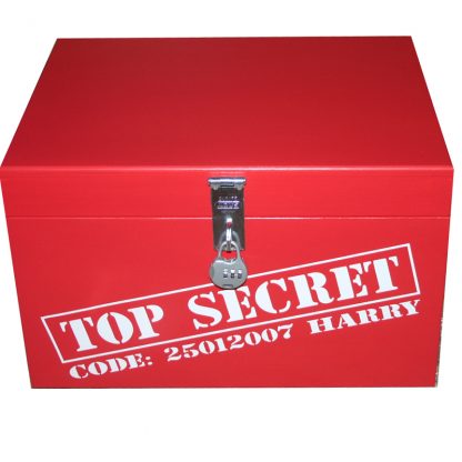 Red Top Secret XL Painted Wooden Box with hasp & staple combination padlock personalised on banner