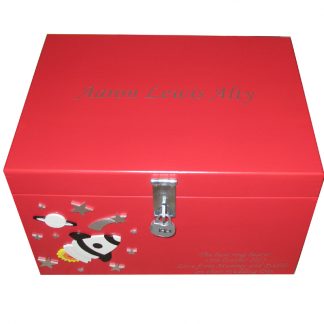 Red XL Painted Keepsake Box for a boy with rockets and stars with hasp & staple and combination padlock