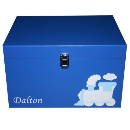 Royal Blue XL Keepsake Box for boys with train and name in white with clasp