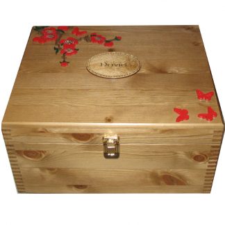 Rustic Pine Large Wooden Memory Box with painted Red Flowers