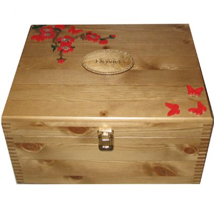 Rustic Pine Large Wooden Memory Box with painted Red Flowers