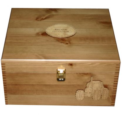 Large Boys Rustic Pine Keepsake Boxes with Engraved Tractor