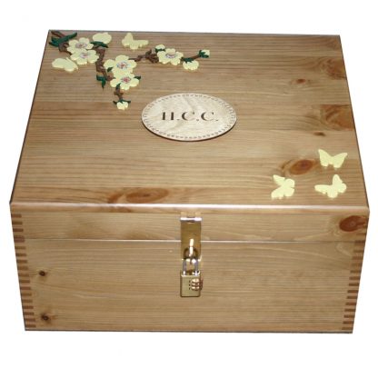 Rustic Pine Large Keepsake Box with hasp & staple/combination padlock and yellow flowers and butterflies
