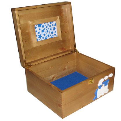 Personalised Baby Keepsake Box in Rustic Pine with train Frame and Royal Blue Felt