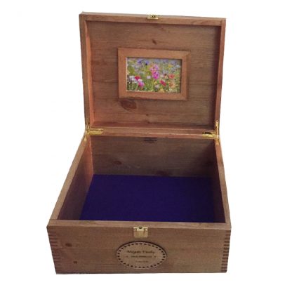Rustic Pine Large Keepsake Box open with frame and purple felt