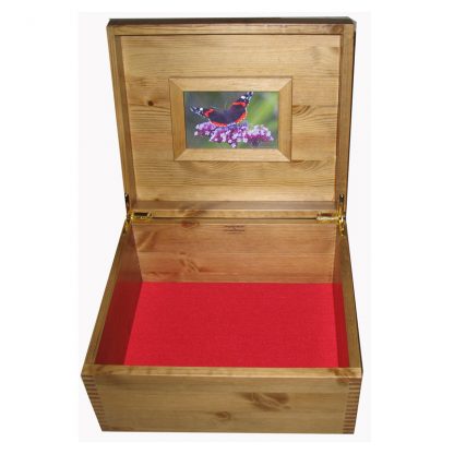 Rustic Pine Keepsake Storage Box open with frame and red felt