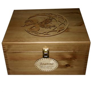 Rustic Pine Large Personalised Keepsake Boxes with fretwork moon fairy with long hair