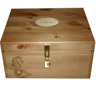 Personalised Wooden Rustic Pine Keepsake Box with a Seahorse and lockable