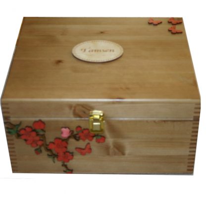 Rustic Pine Large Memory Boxes with wash of red paint on spray of flowers and butterflies.