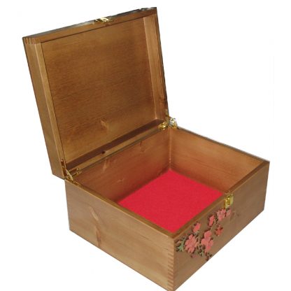 Rustic Pine Large Keepsake Box with paint wash on red flower spray open with red felt.