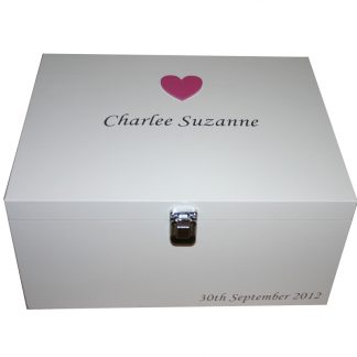 White Keepsake Box with large Dark Pink Heart and silver lettering