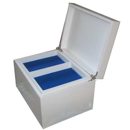 White Painted Keepake Box open with compartment tray and royal blue felt