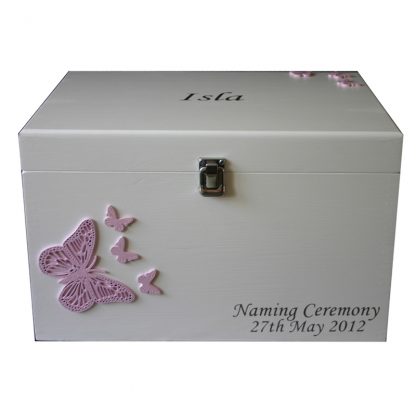 White Large Baby Keepsake Box pale pink butterflies Naming Day