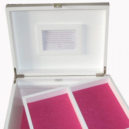 White Keepsake Box open with tray and magenta pink felt