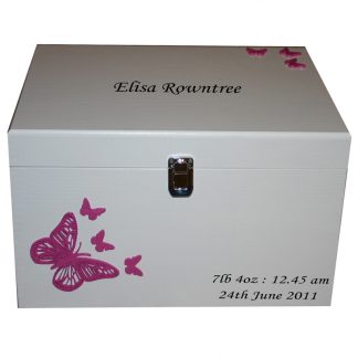 White XL Painted Baby Keepsake Boxes Made of Wood - Darker Pink Butterflies