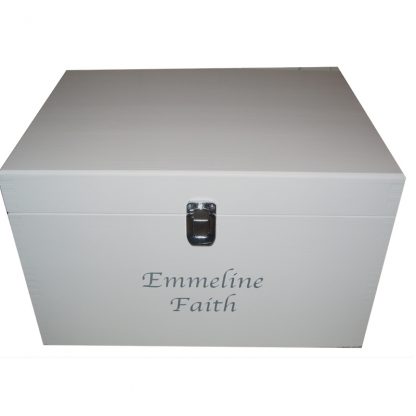 Plain White XL Painted Keepsake box with name in silver grey on front and clasp