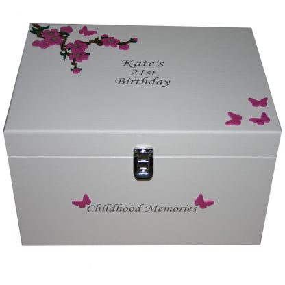 White Keepsake Box XL with dark pink flowers and butterflies
